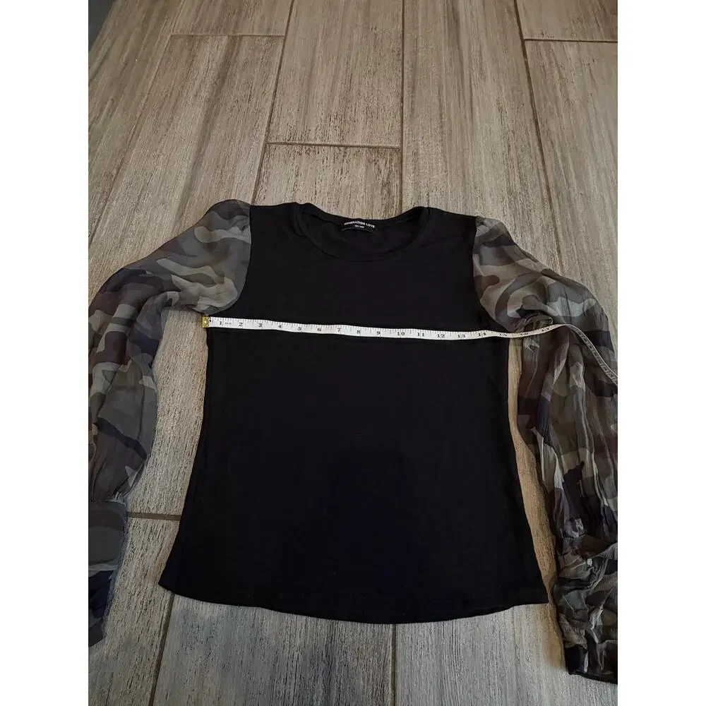 Generation Love Noelle Camo Sheer Sleeve Edgy Top Black Green Womens Size XS - Picture 9 of 9